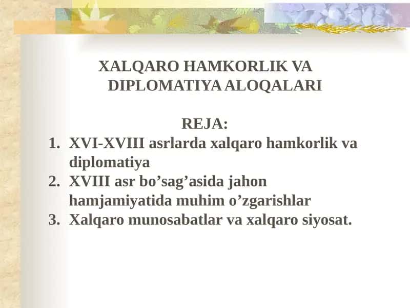 XALQARO HAMKORLIK VA DIPLOMATIYA ALOQALARI 1