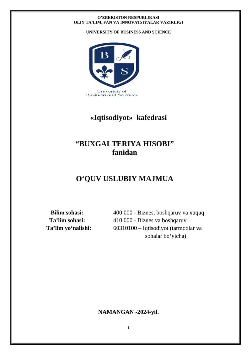 Buxgalteriya Hisobi O'quv Uslubi Majmua 1