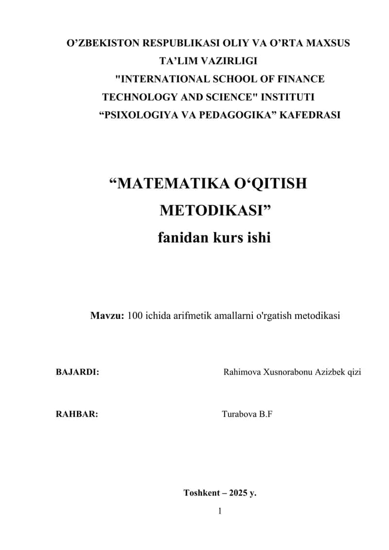 100 ichida arifmetik amallarni o'rgatish metodikasi 1