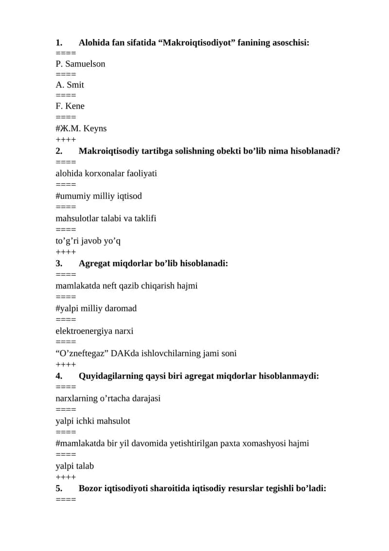 Makroiqtisodiyot fanidan testlar 1