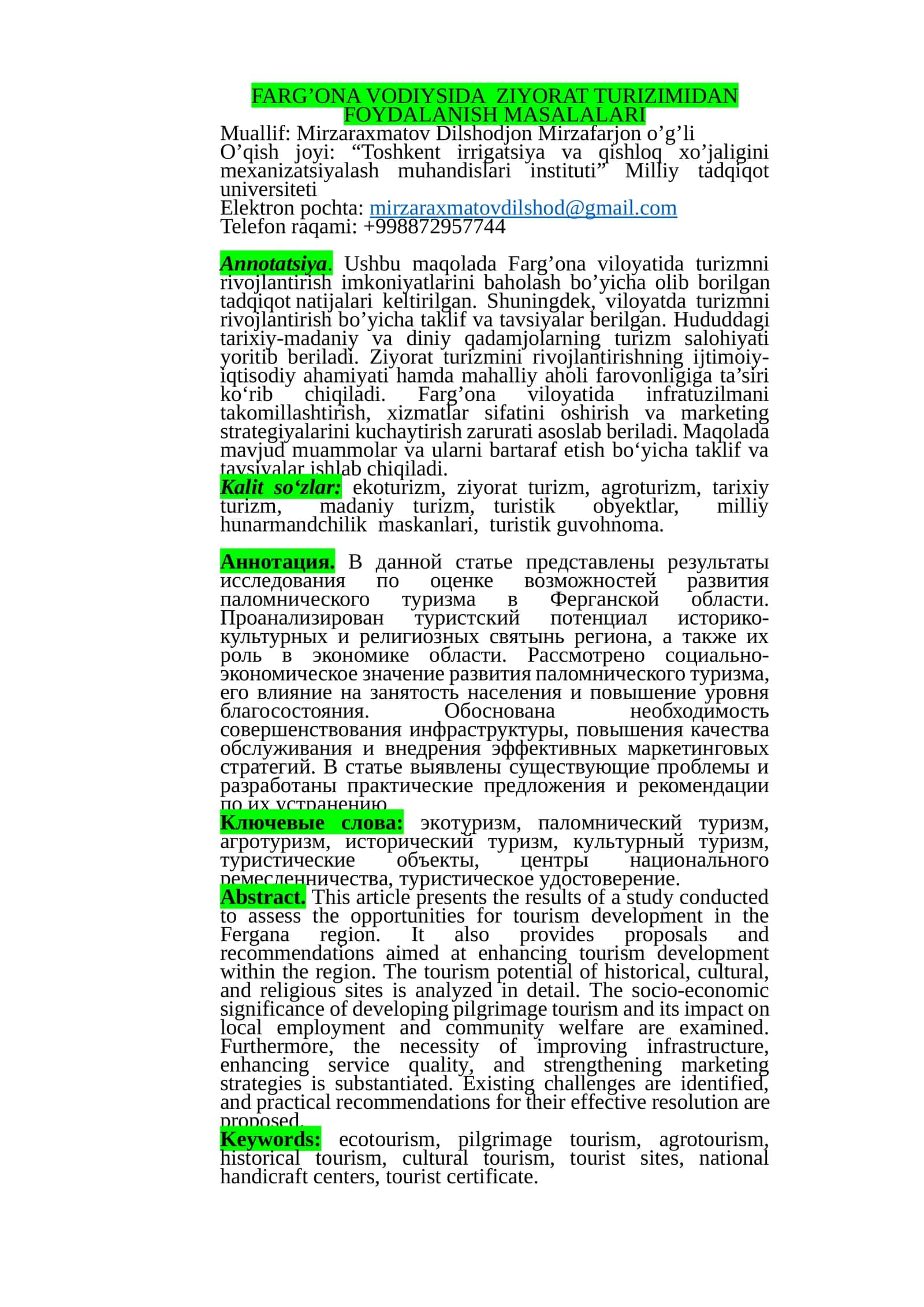 Fargʻona vodiysi turizmi 1