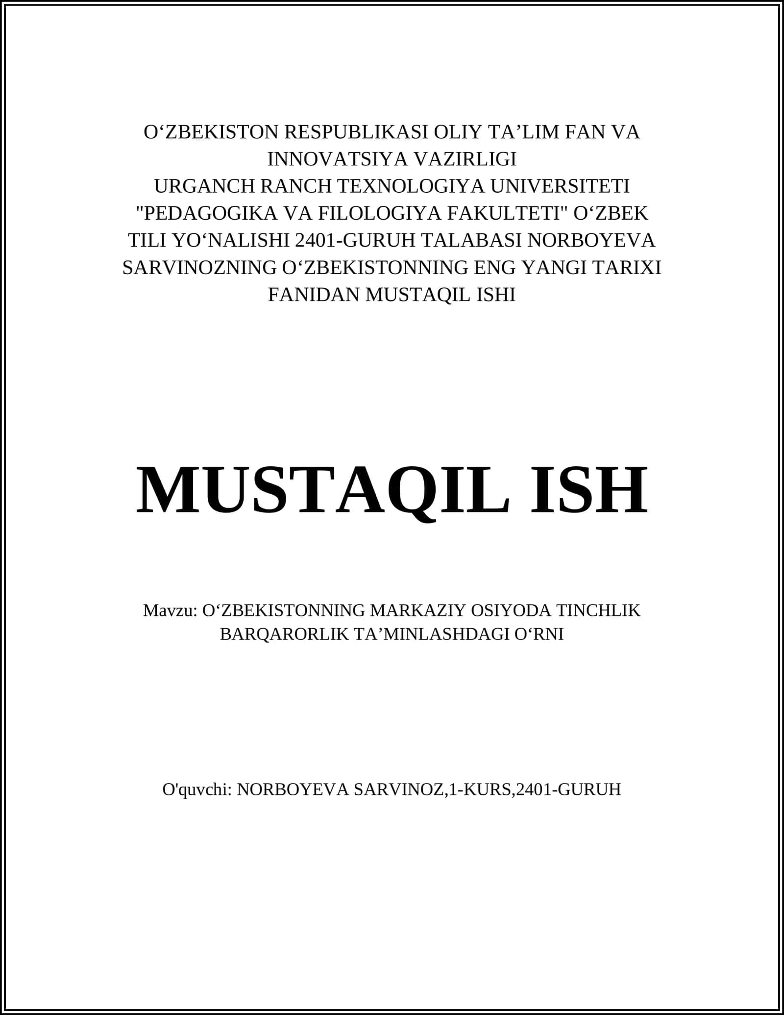 Oʻzbekistonning Eng Yangi Tarixi Fanidan Mustaqil Ish 1