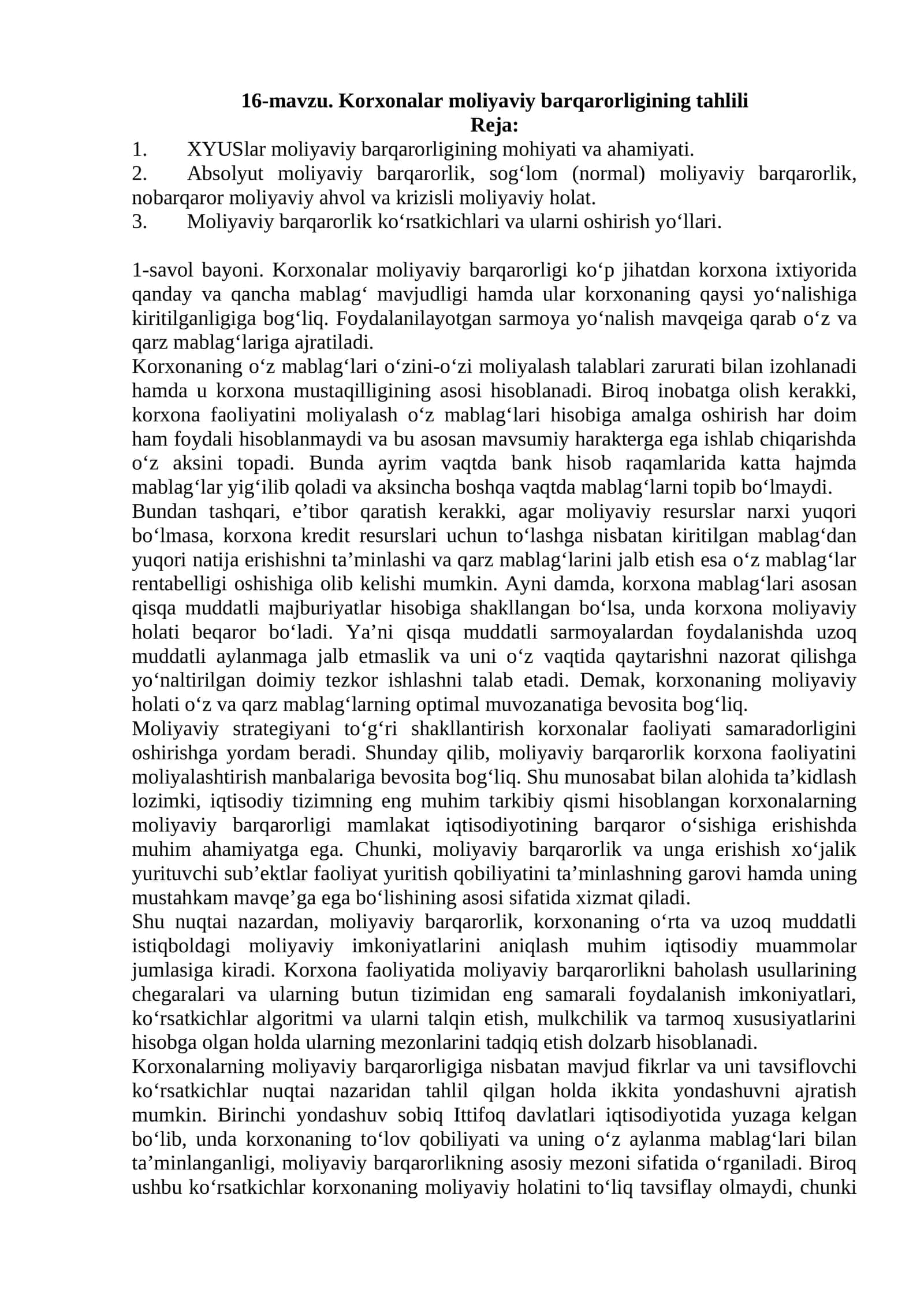 Korxonalar moliyaviy barqarorligining tahlili 1