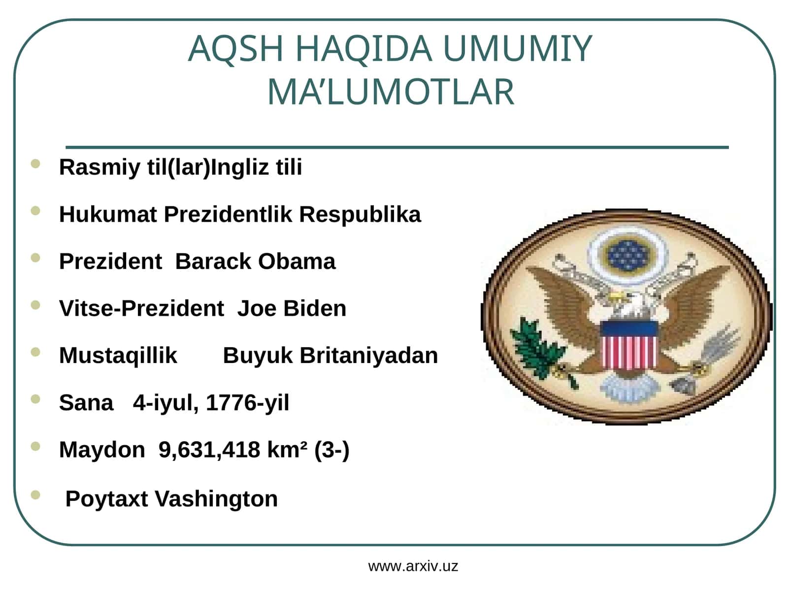AQSH HAQIDA UMUMIY MA’LUMOTLAR 1