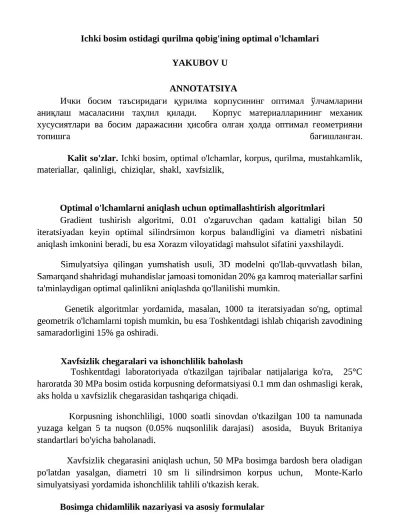 Optimal o'lchamlar va korpusni aniqlash 1