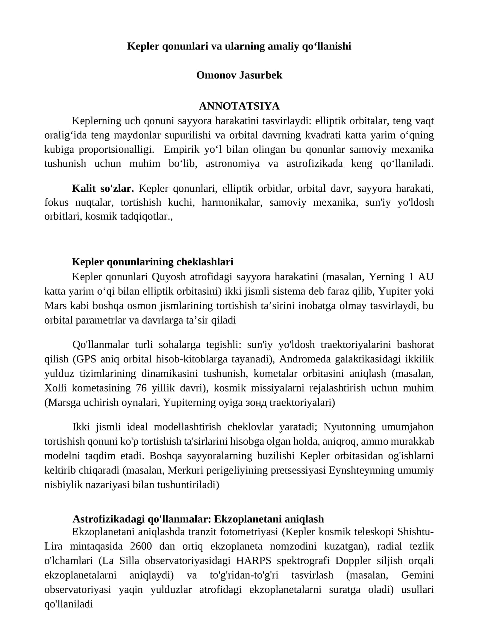 Kepler qonunlari va ularning amaliy qoʻllanishi 1