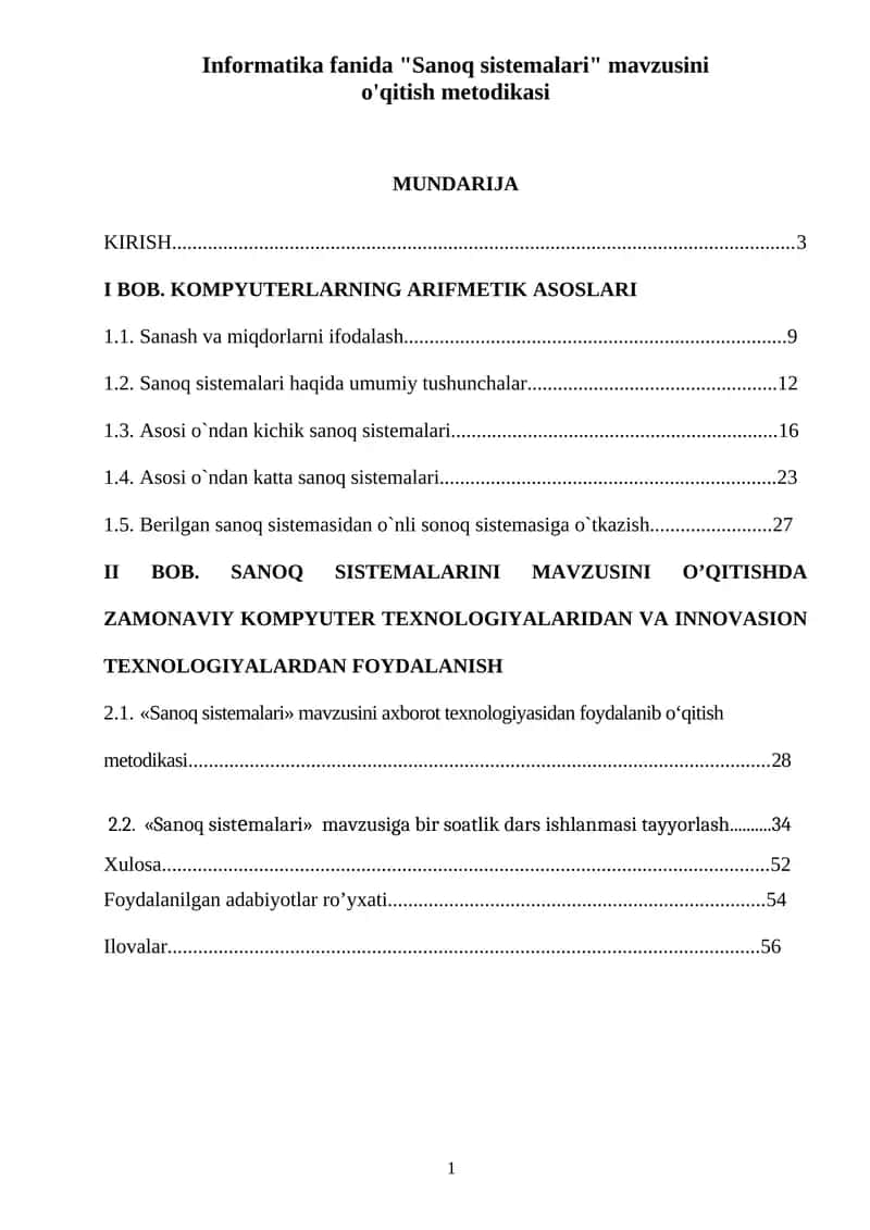Informatika fanida "Sanoq sistemalari" mavzusini o'qitish metodikasi 1