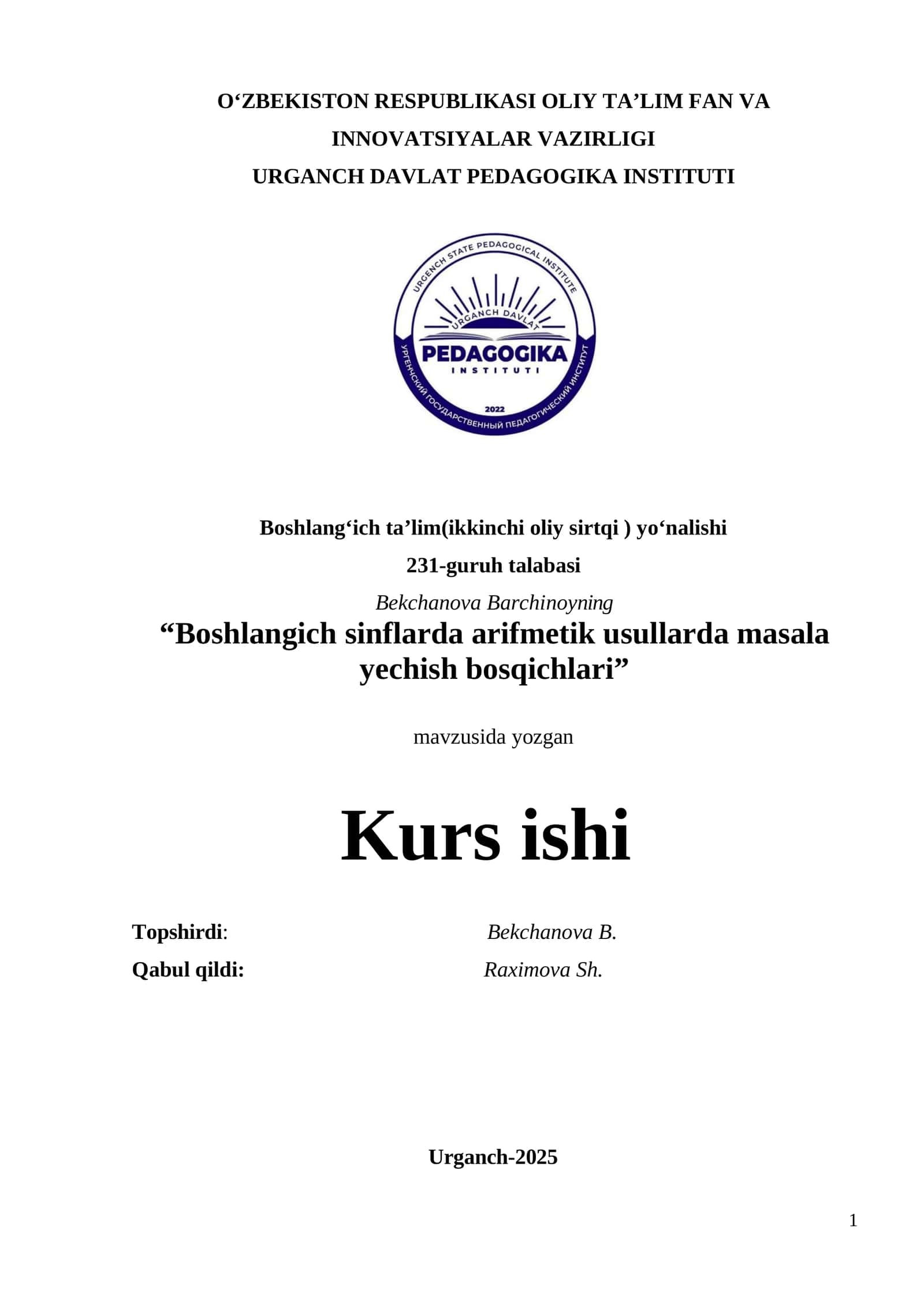 Boshlangich sinflarda arifmetik usullarda masala yechish bosqichlari 1