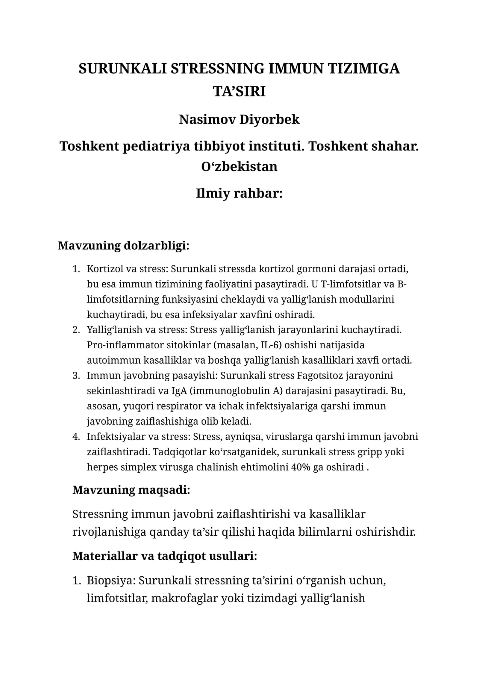 SURUNKALI STRESSNING IMMUN TIZIMIGA TA’SIRI 1