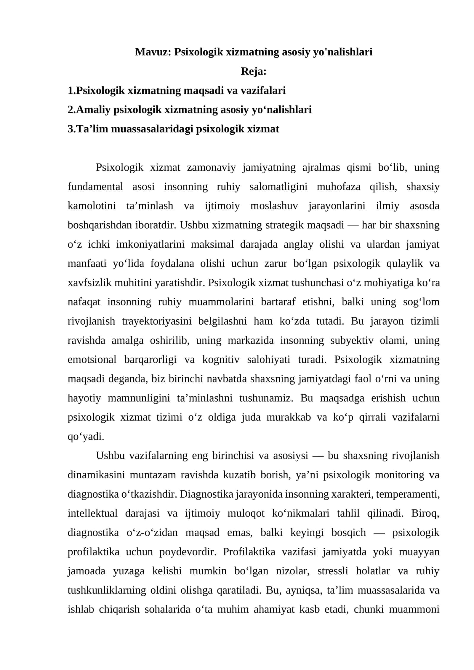 Psixologik xizmatning asosiy yo'nalishlari 1