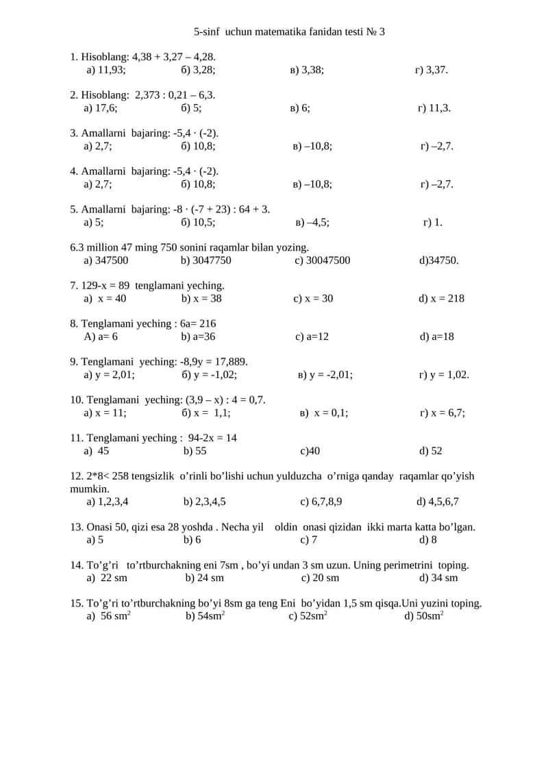 MATEMATIKA TESTLAR 1