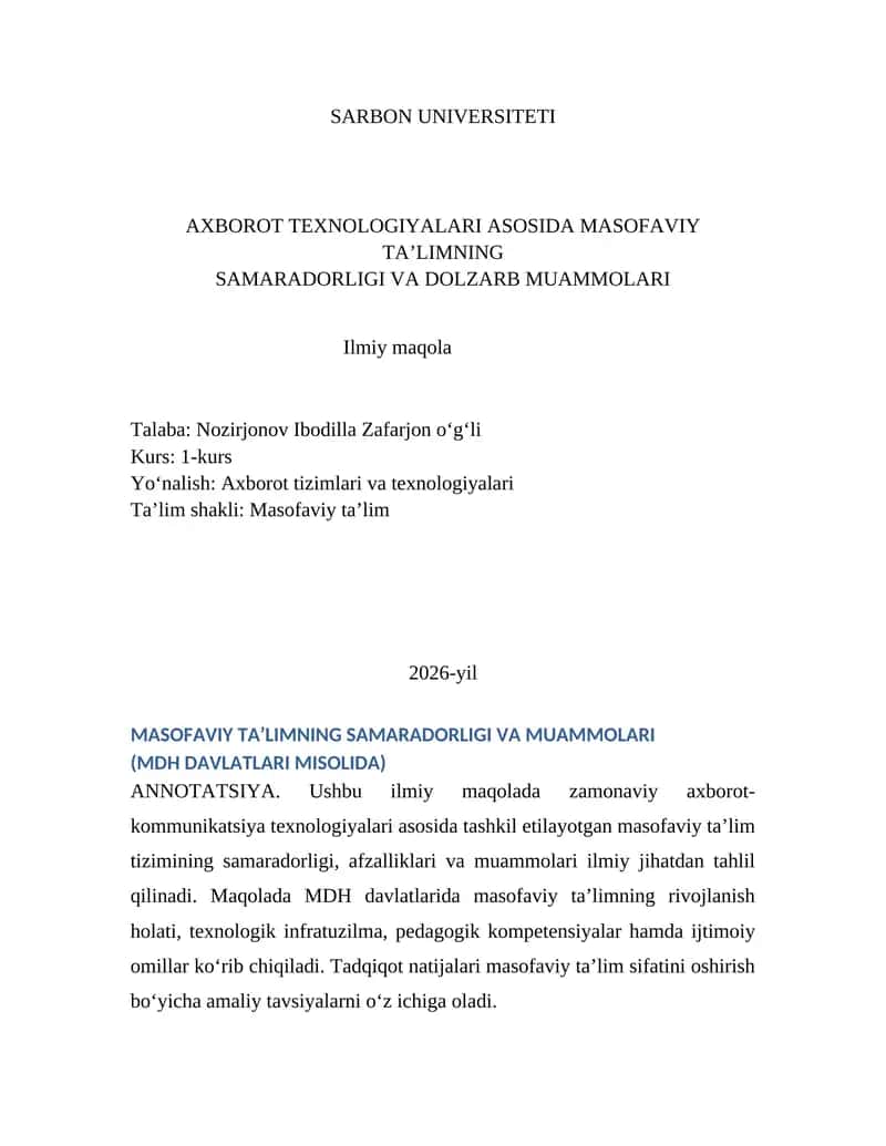 MASOFAVIY TA’LIMNING SAMARADORLIGI VA MUAMMOLARI 1