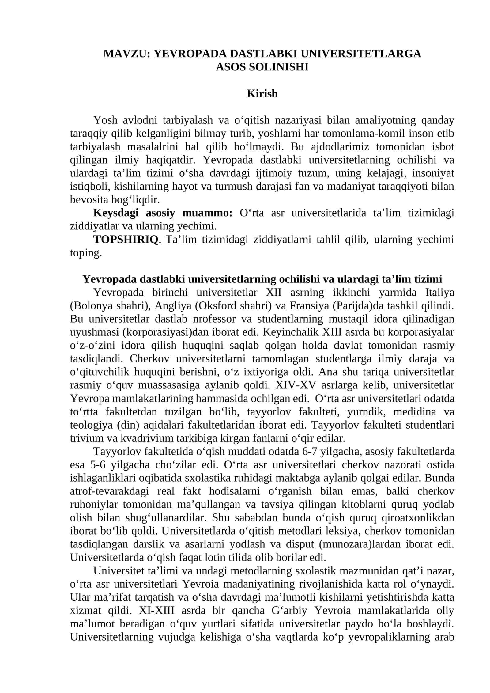 YEVROPADA DASTLABKI UNIVERSITETLARGA ASOS SOLINISHI 1