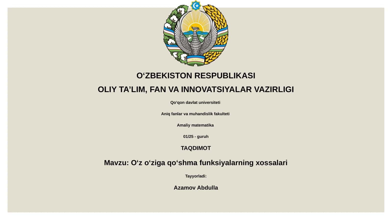 Oʻz oʻziga qoʻshma funksiyalarning xossalari 1