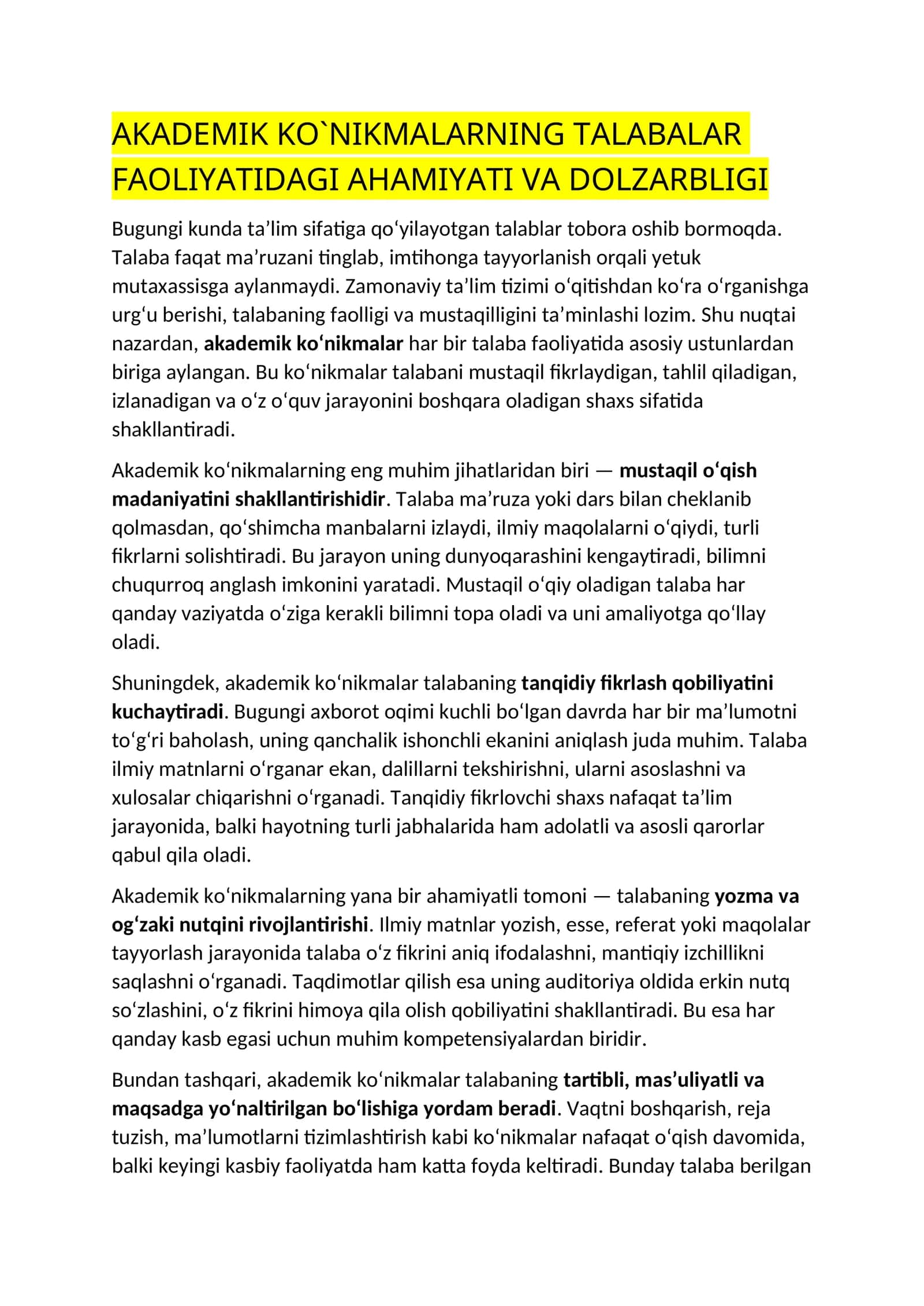 AKADEMIK KO`NIKMALARNING TALABALAR FAOLIYATIDAGI AHAMIYATI VA DOLZARBLIGI 1