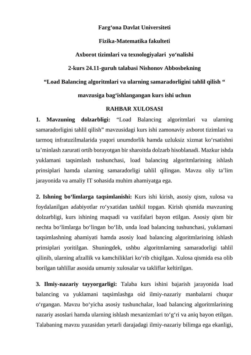 “Load Balancing algoritmlari va ularning samaradorligini tahlil qilish“ 1