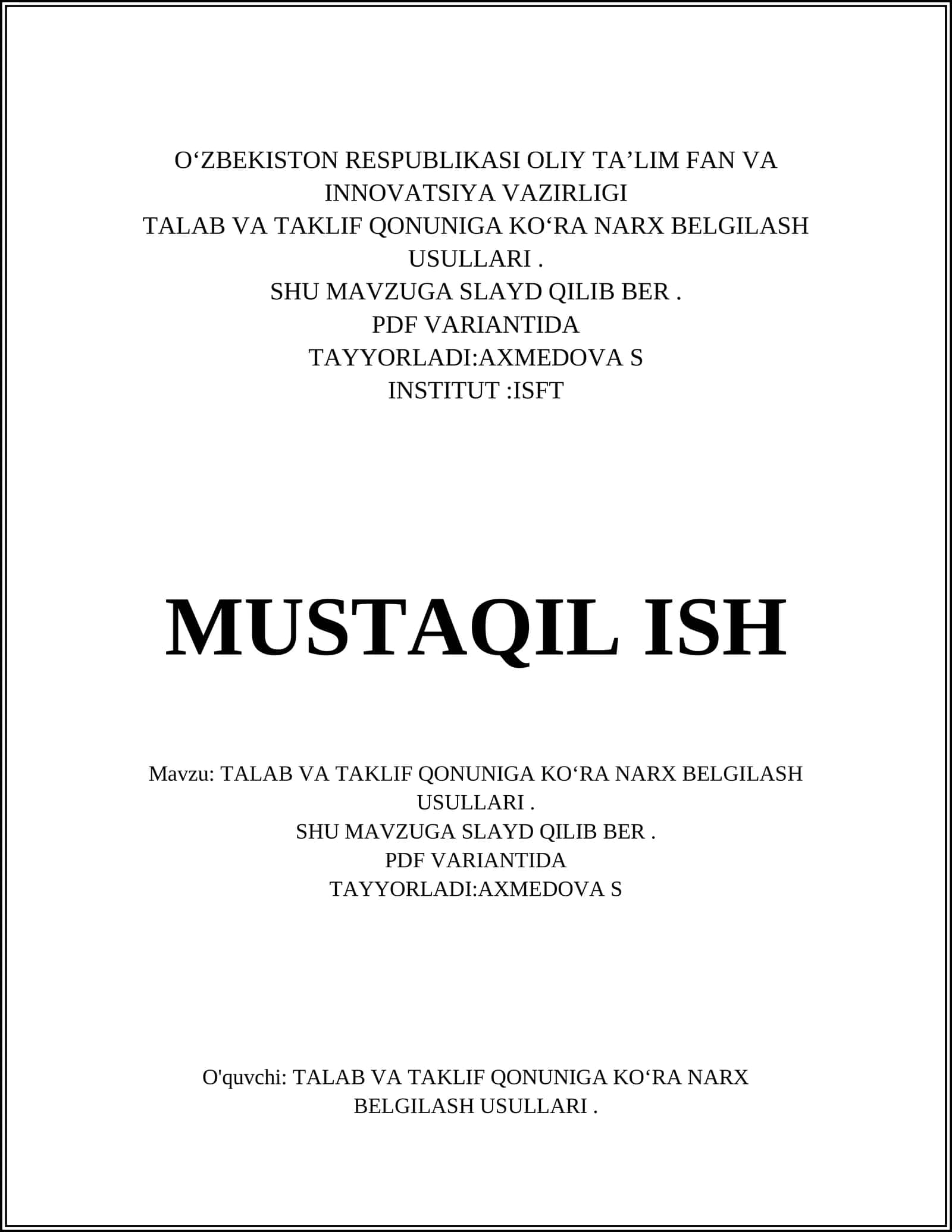 TALAB VA TAKLIF QONUNIGA KOʻRA NARX BELGILASH USULLARI 1