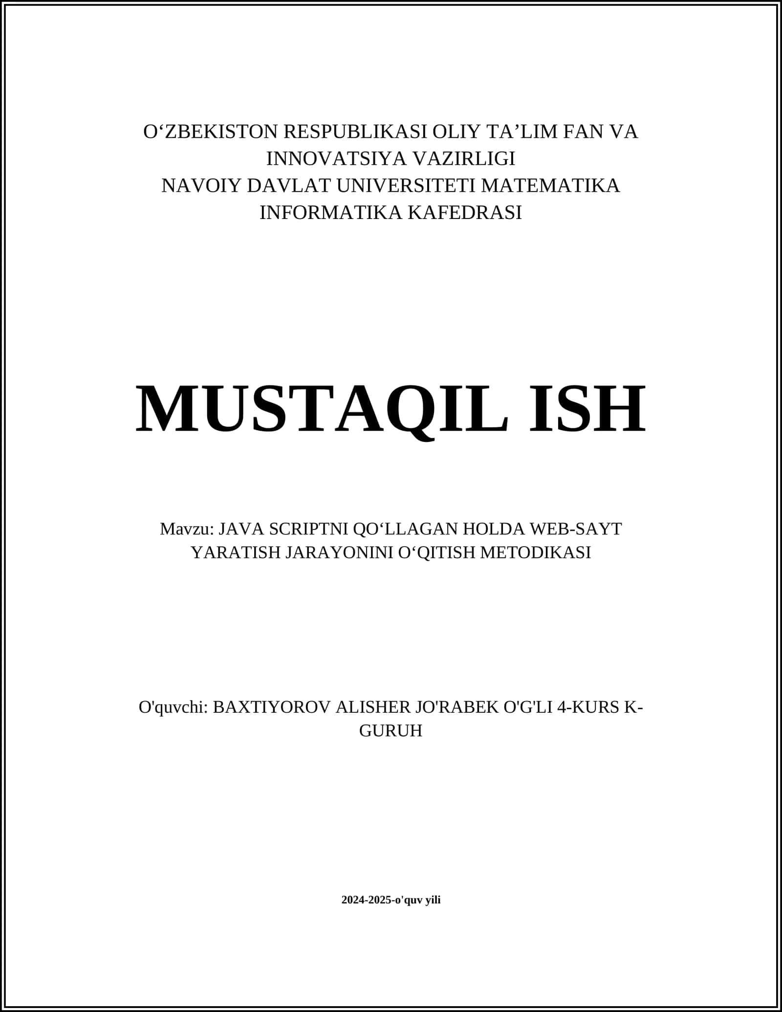 JAVA SCRIPTNI QO‘LLAGAN HOLDA WEB-SAYT YARATISH JARAYONINI O‘QITISH METODIKASI 1