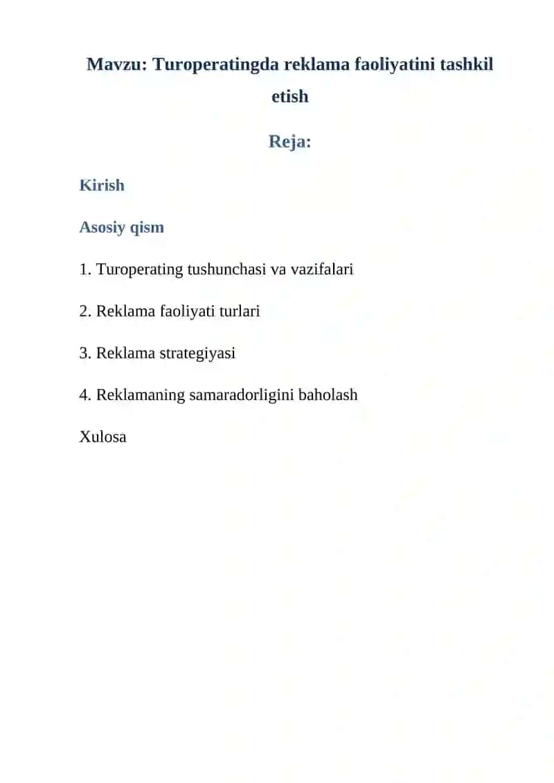 Turoperatingda reklama faoliyatini tashkil etish