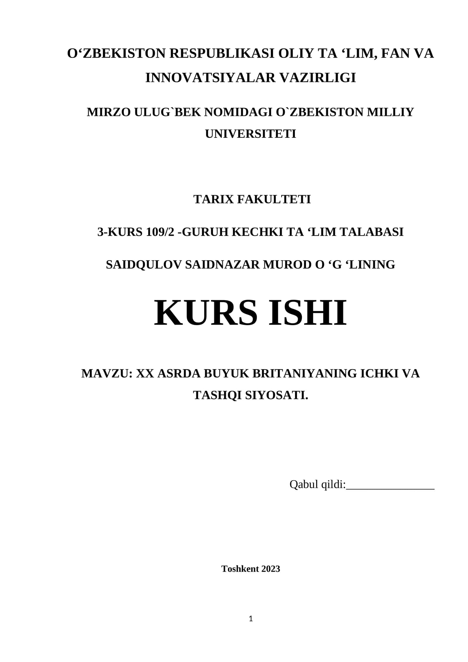 XX ASRDA BUYUK BRITANIYANING ICHKI VA TASHQI SIYOSATI 1