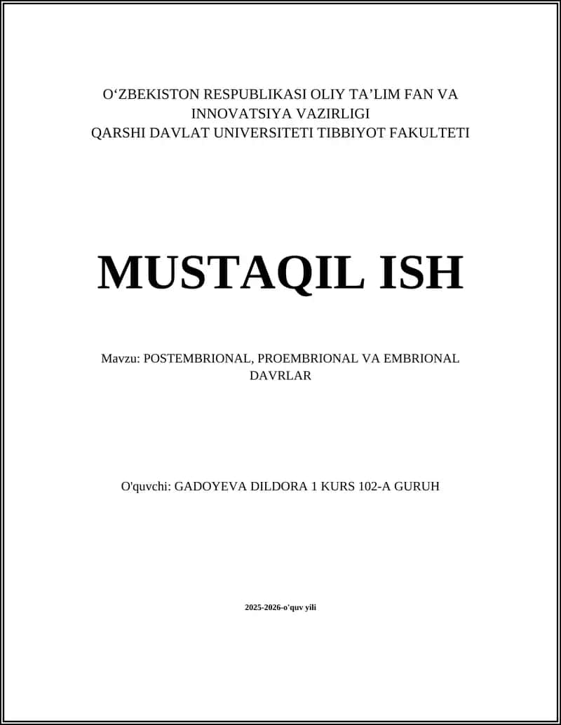 POSTEMBRIONAL, PROEMBRIONAL VA EMBRIONAL DAVRLAR 1