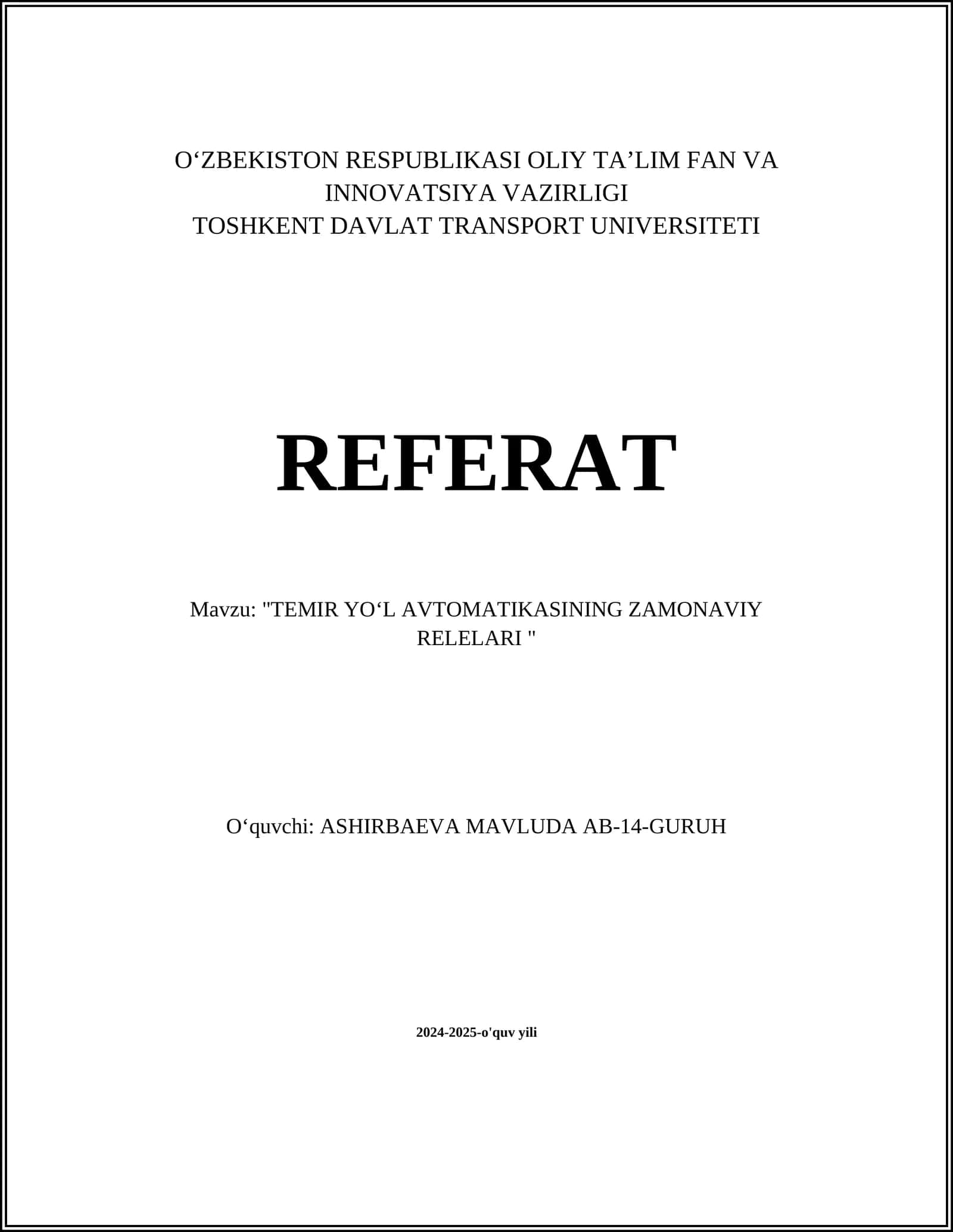 TEMIR YOʻL AVTOMATIKASINING ZAMONAVIY RELELARI 1