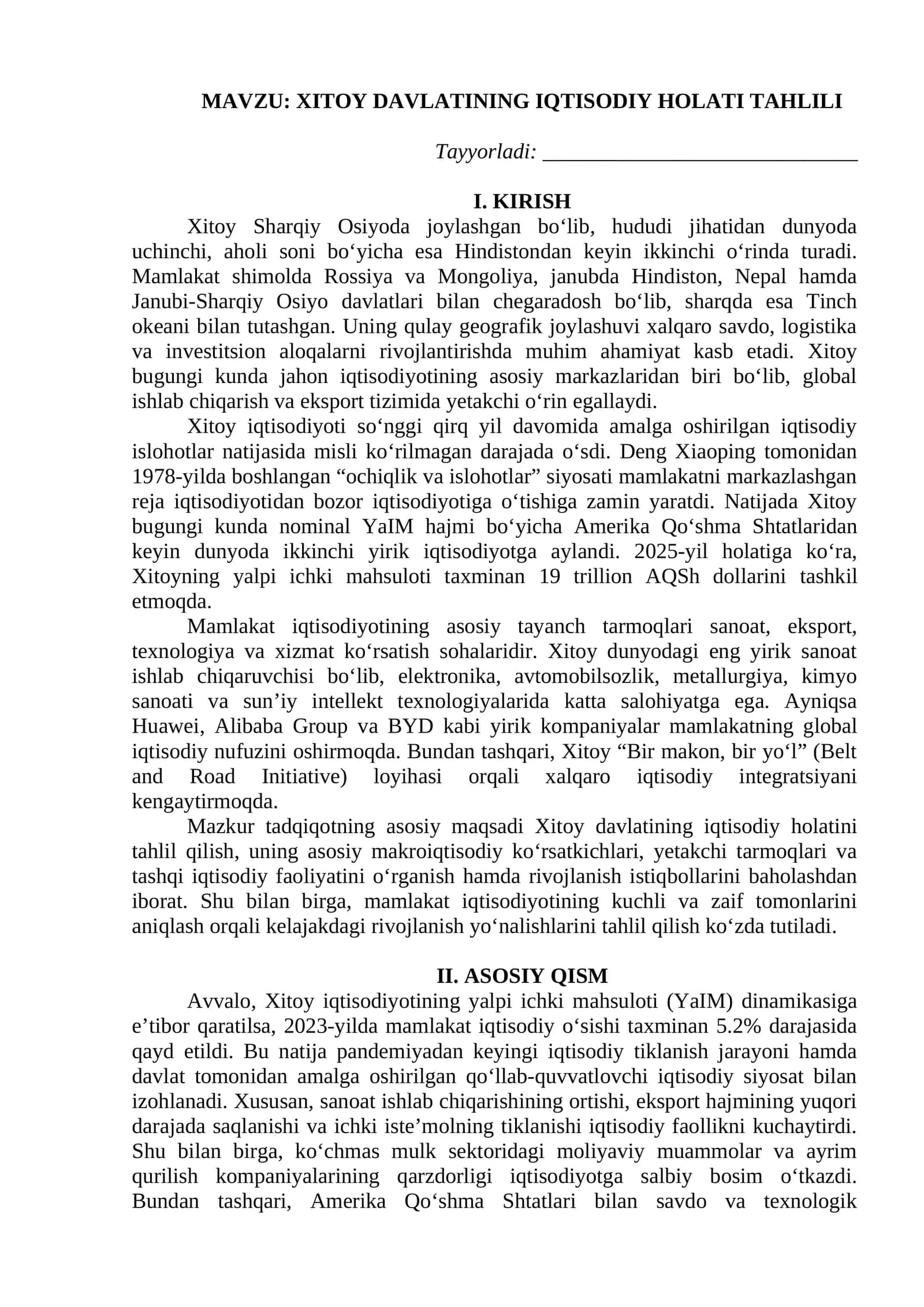 XITOY DAVLATINING IQTISODIY HOLATI TAHLILI Tezis 1