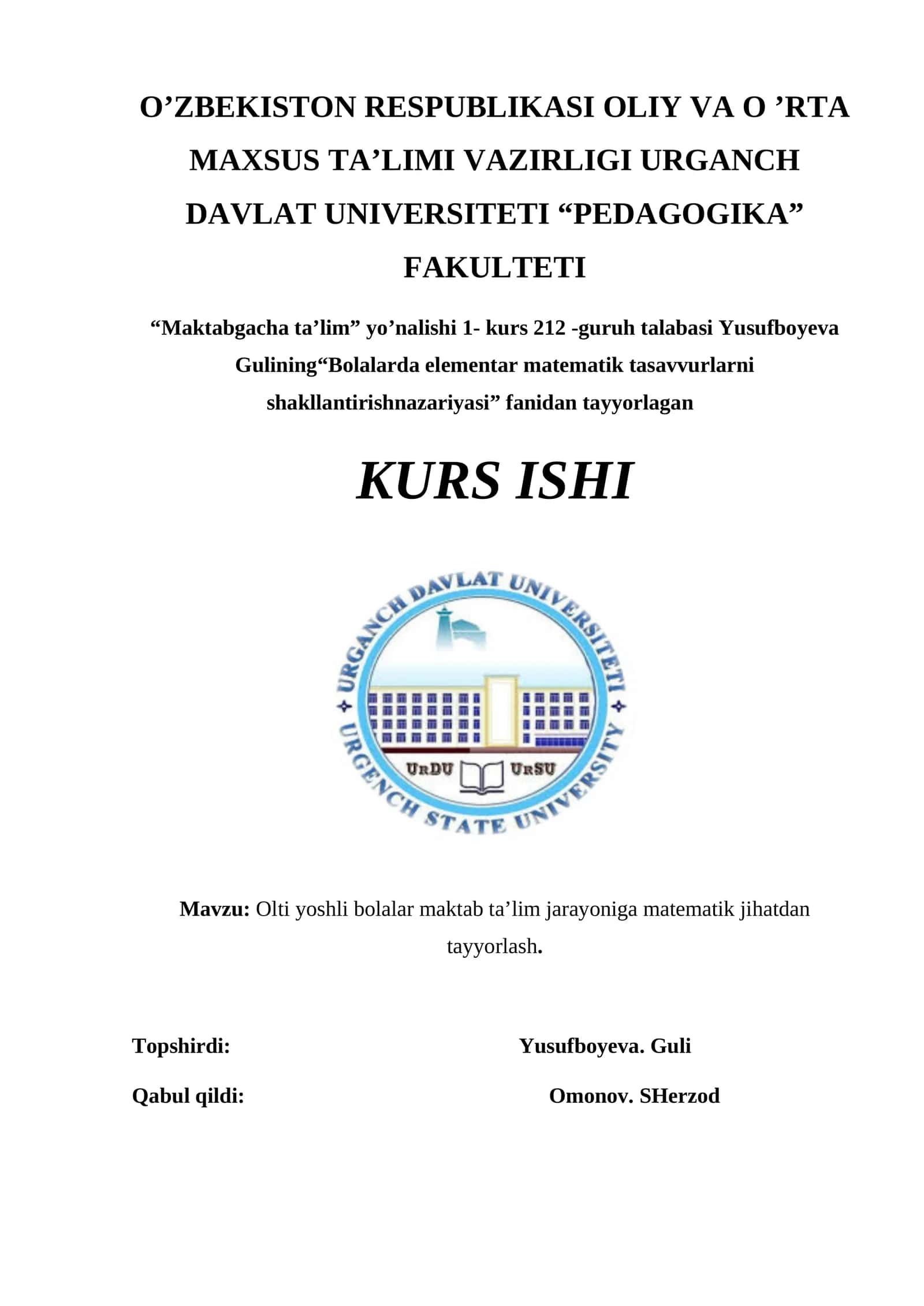 Olti yoshli bolalar maktab ta’lim jarayoniga matematik jihatdan tayyorlash 1