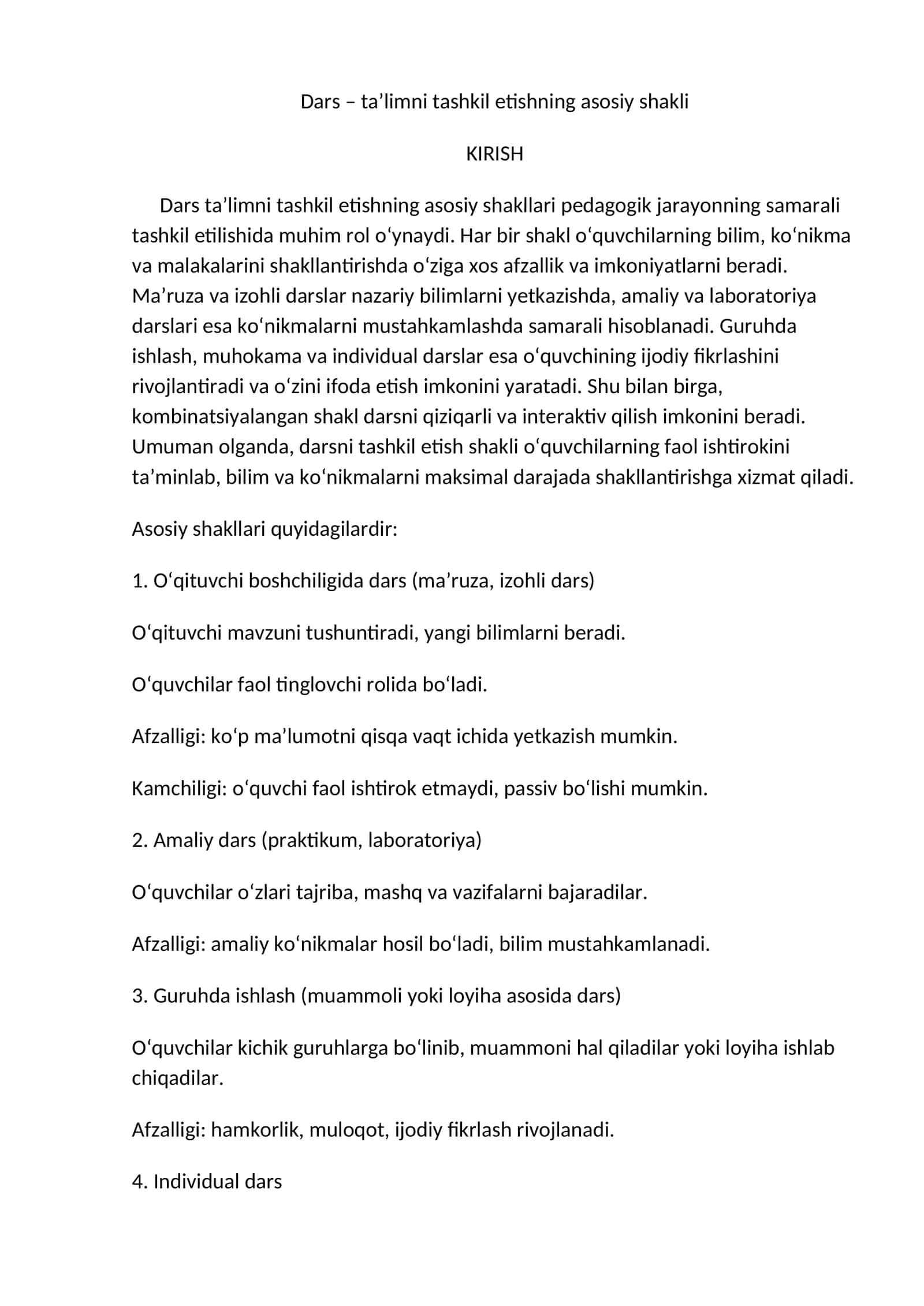 Dars – ta’limni tashkil etishning asosiy shakli 1