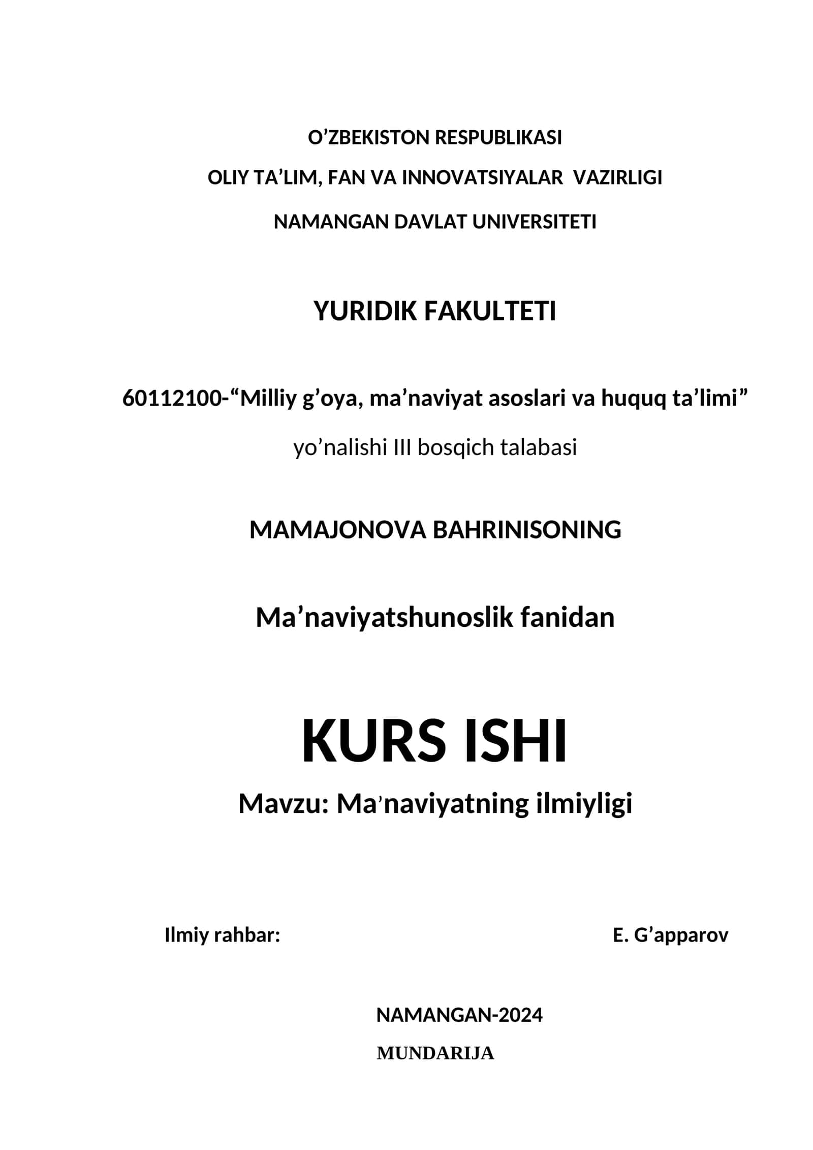 KURS ISHI: Ma’naviyatning ilmiyligi 1