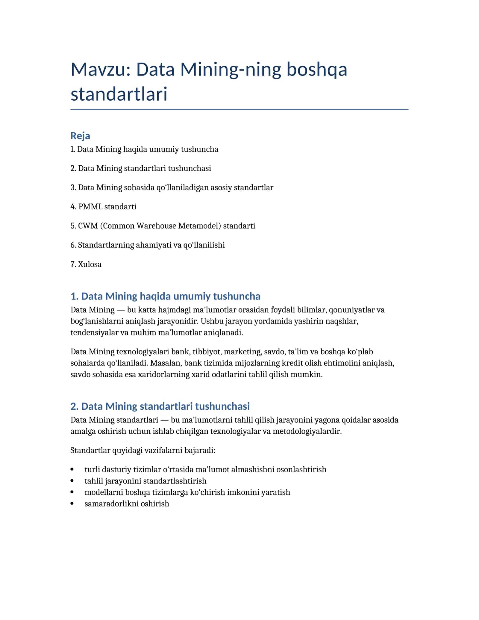 Data Mining-ning boshqa standartlari 1