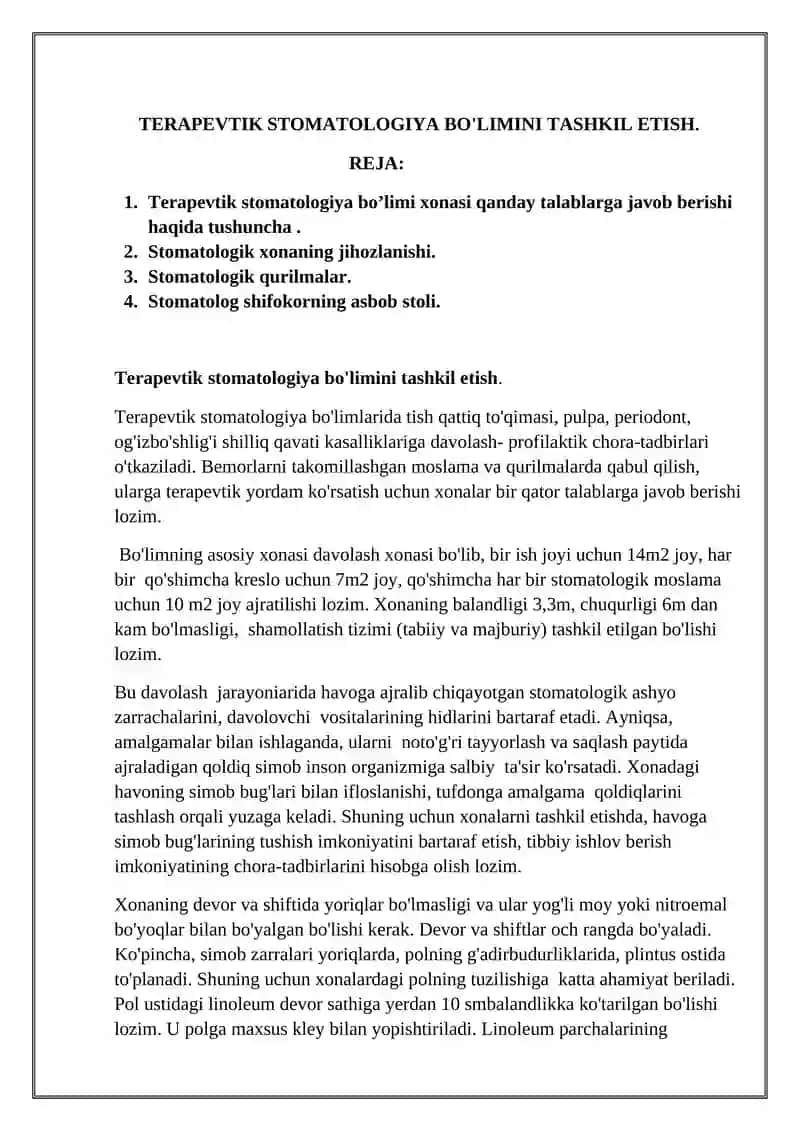 Terapevtik stomatologiya bo'limini tashkil etish