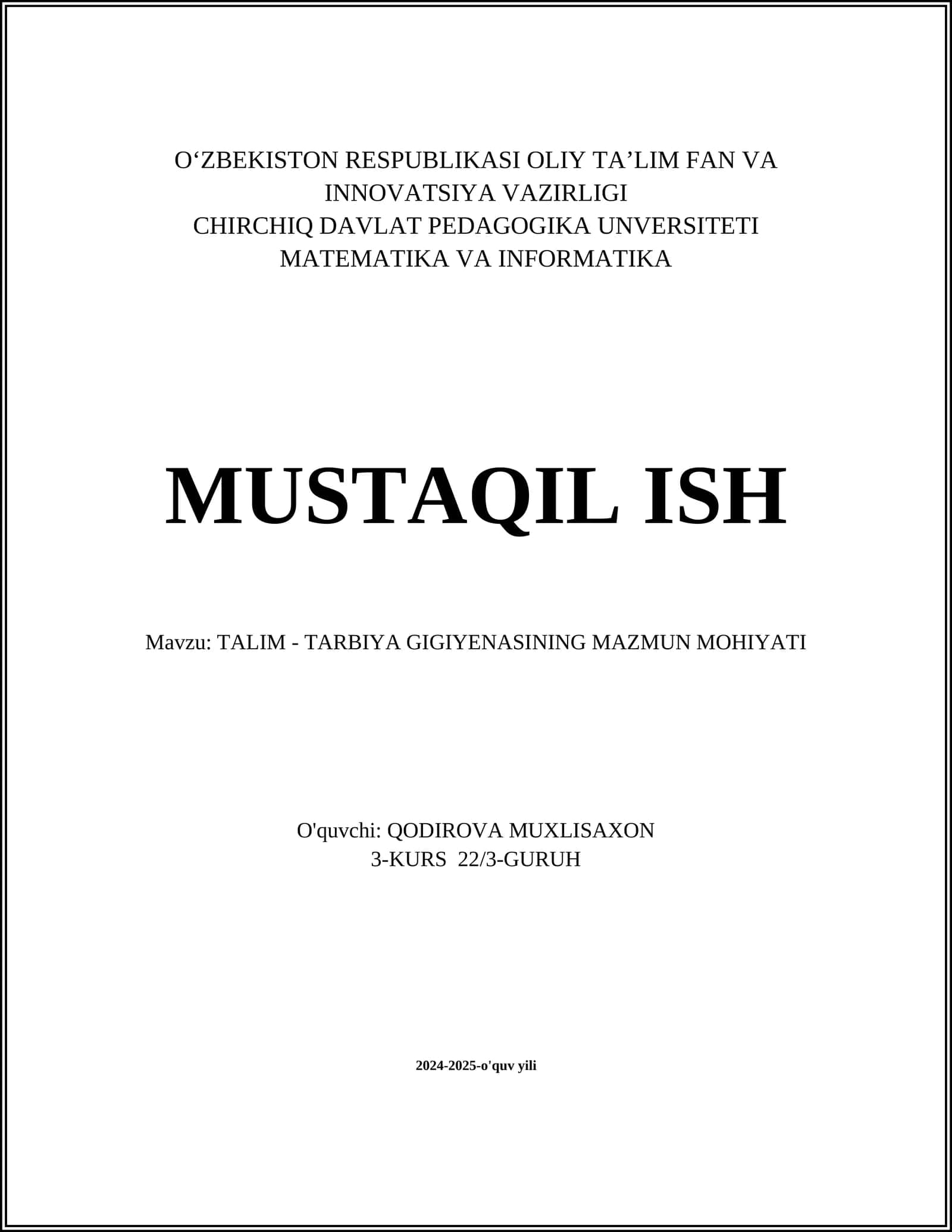 TALIM - TARBIYA GIGIYENASINING MAZMUN MOHIYATI 1
