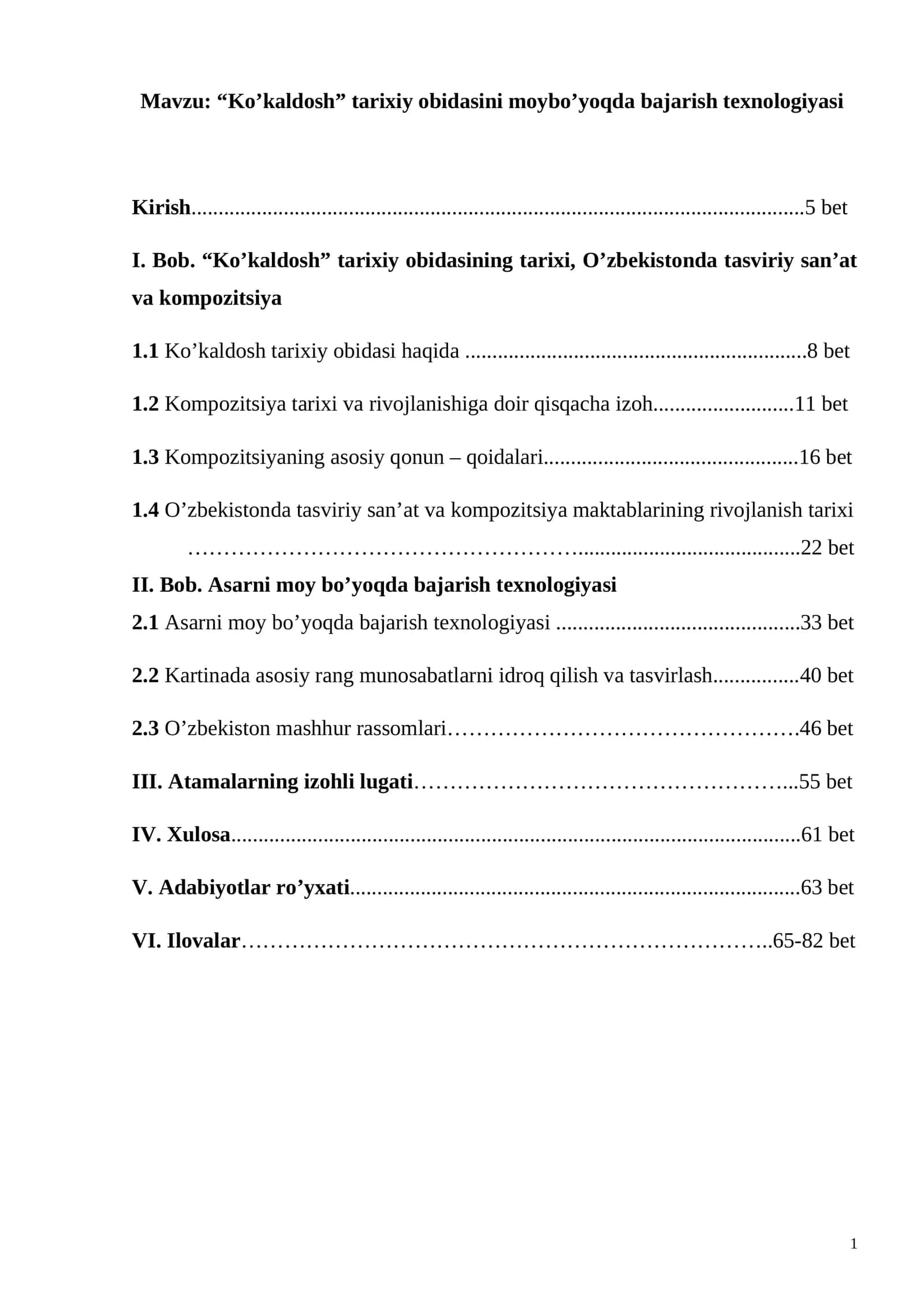 Ko’kaldosh tarixiy obidasini moybo’yoqda bajarish texnologiyasi. Bitiruv malakaviy ishi 1