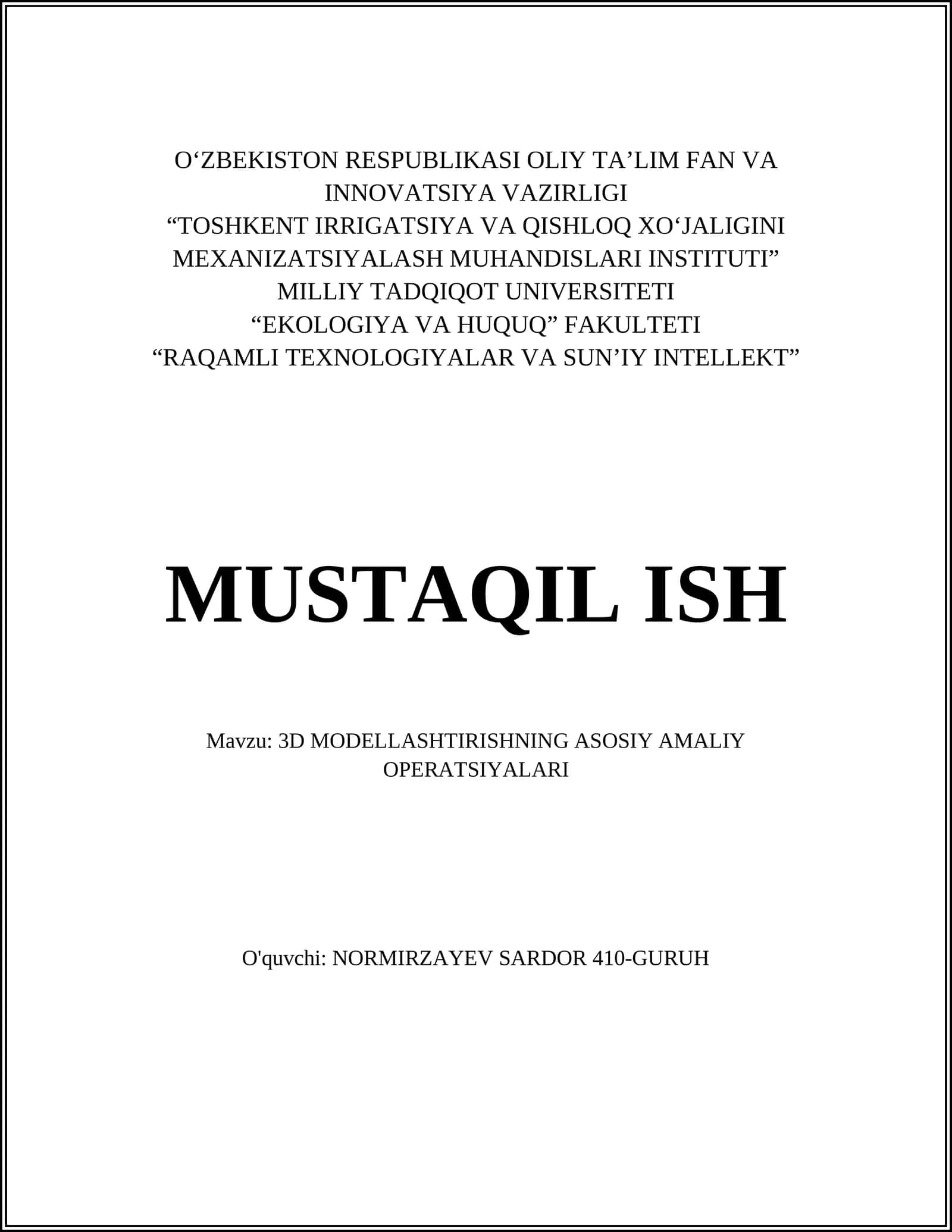 3D MODELLASHTIRISHNING ASOSIY AMALIY OPERATSIYALARI 1