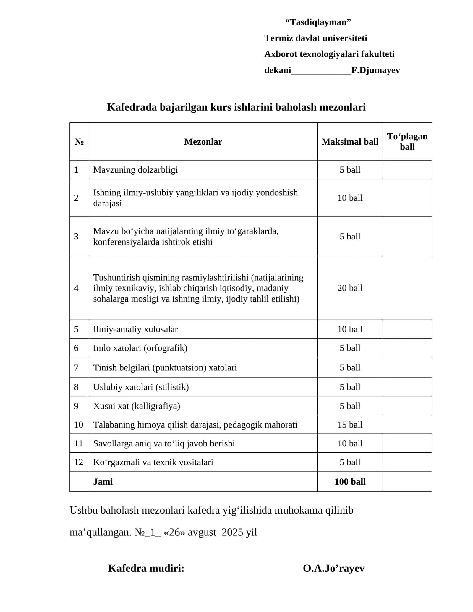 Kurs ishlarini baholash mezonlari 1