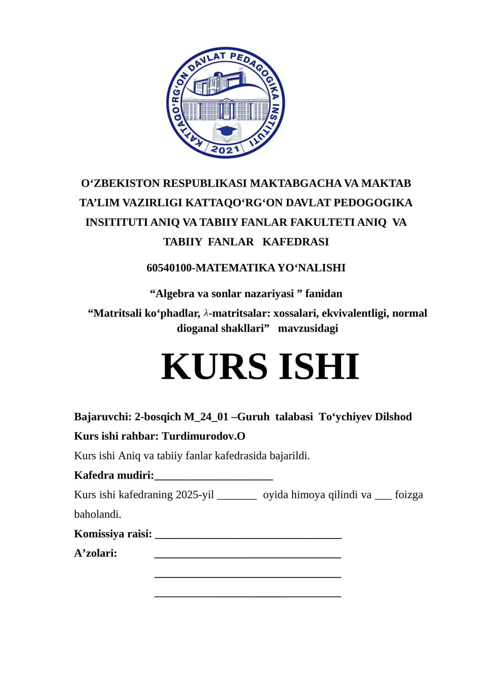 "Algebra va sonlar nazariyasi" 1