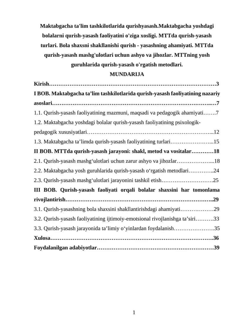 MTTda Qurish-yasash 1