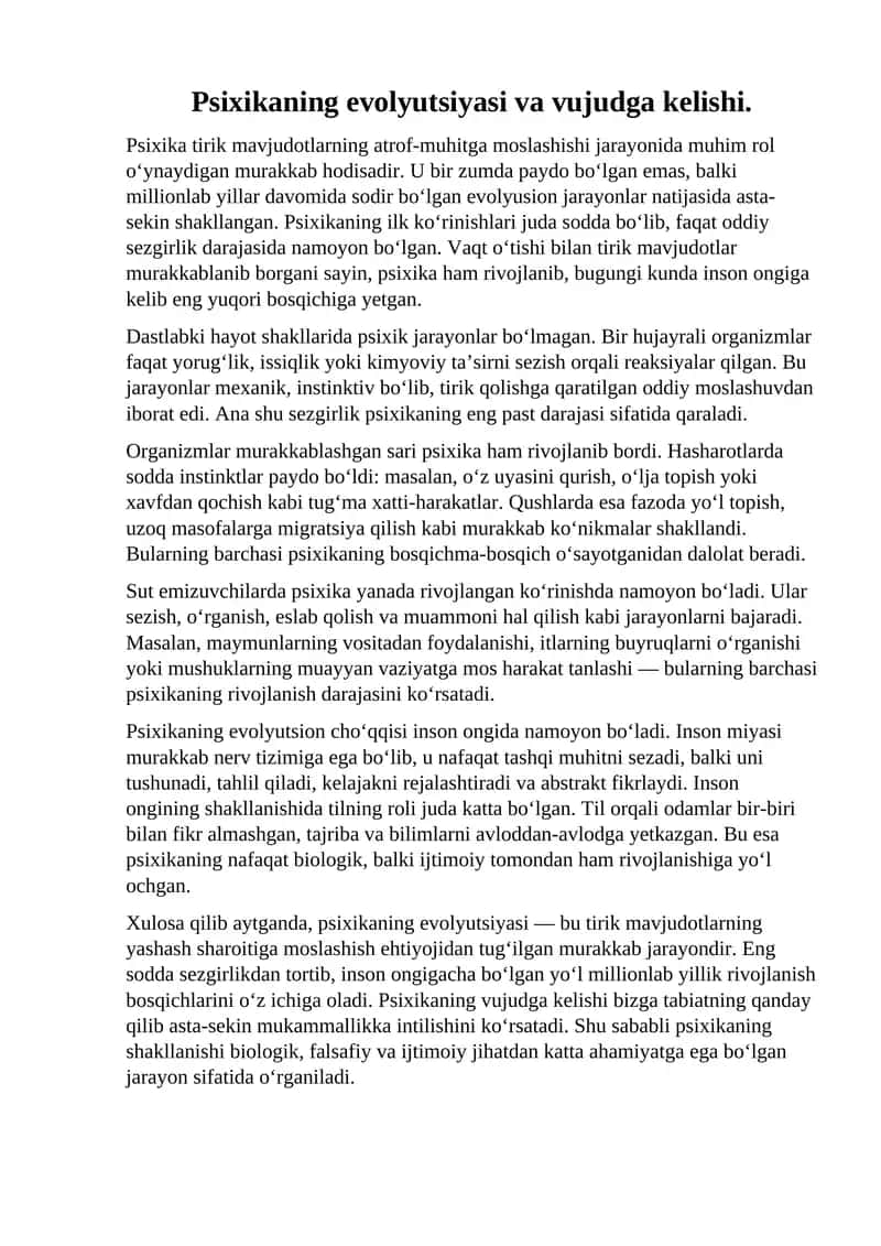 Psixikaning evolyutsiyasi va vujudga kelishi 1