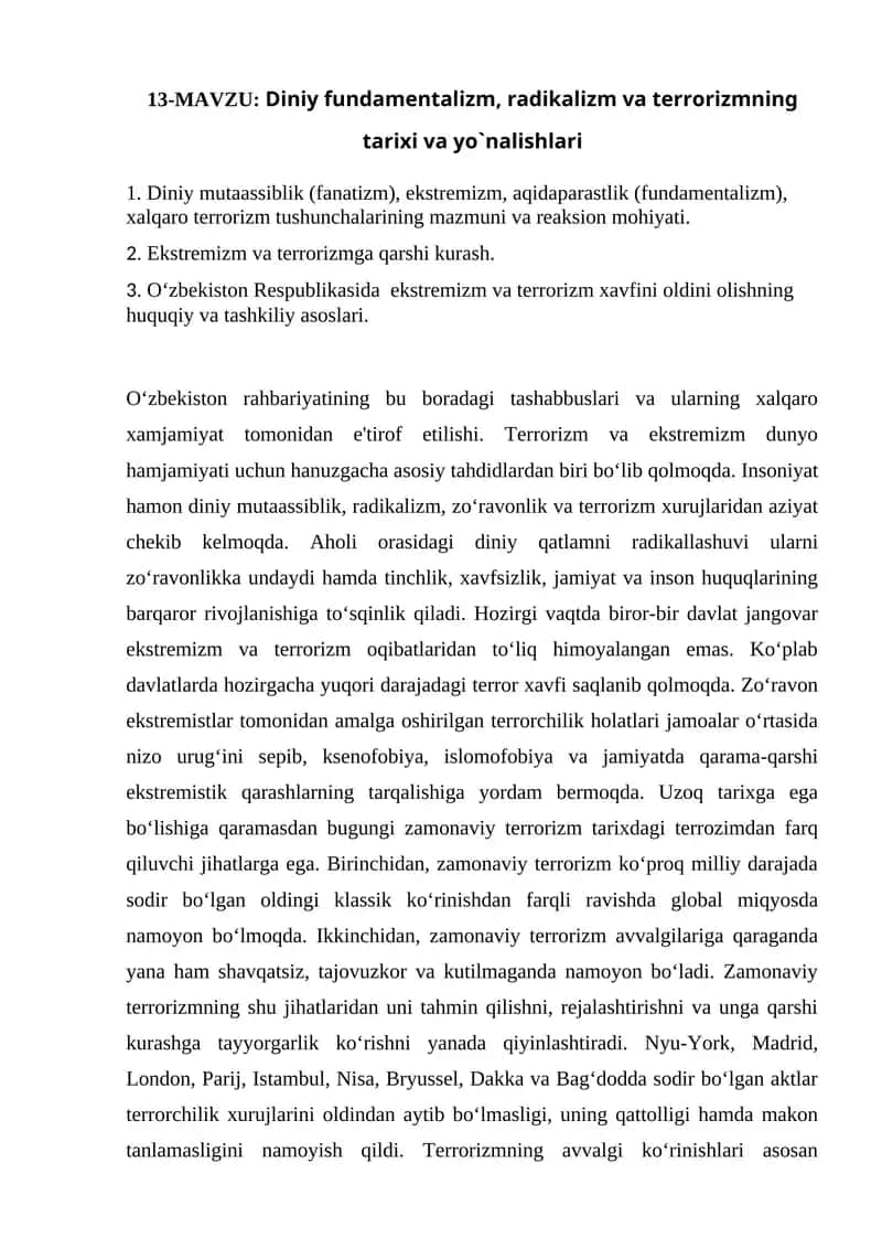 Diniy fundamentalizm, radikalizm va terrorizmning tarixi va yo`nalishlari 1
