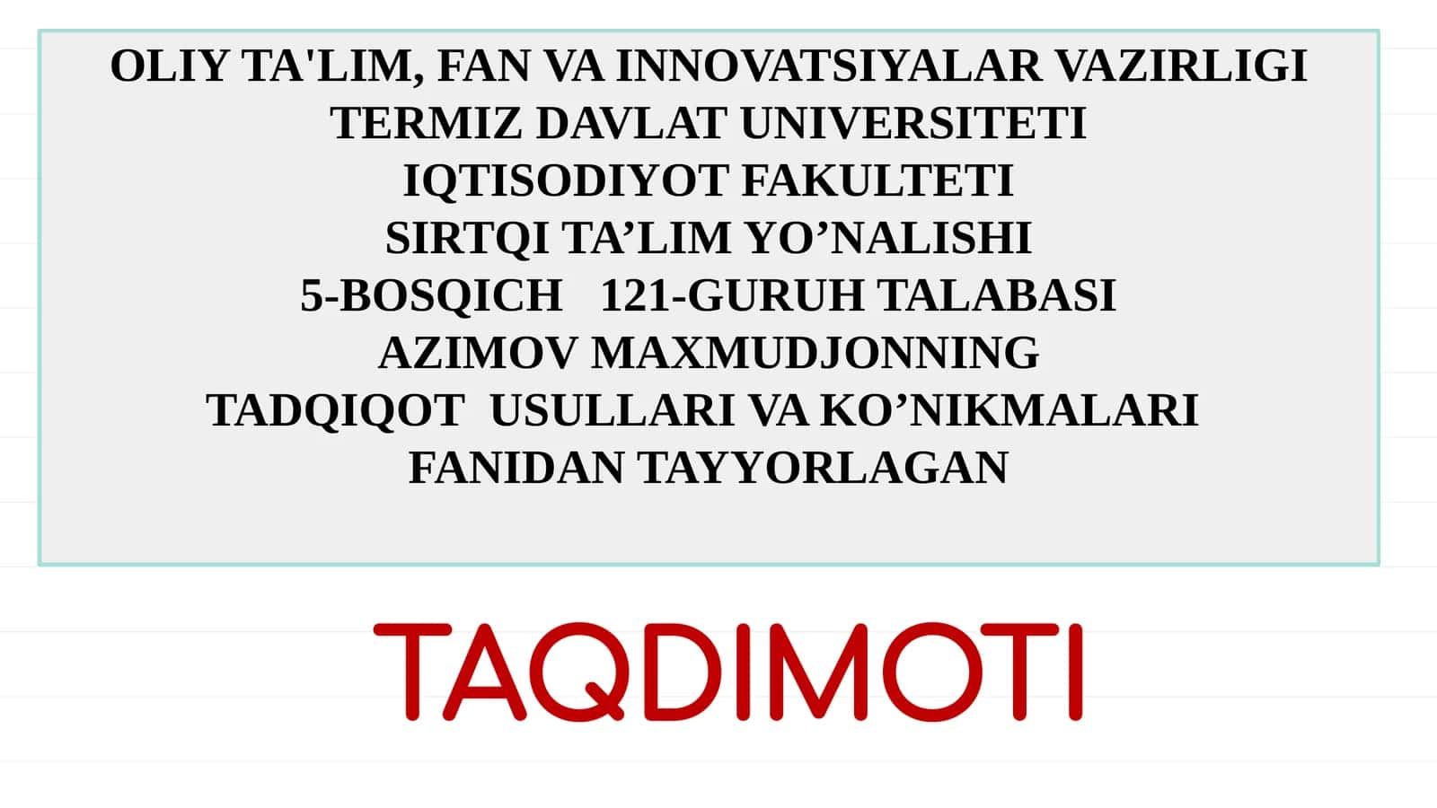 Tadqiqot Usullari va Ko'nikmalar 1