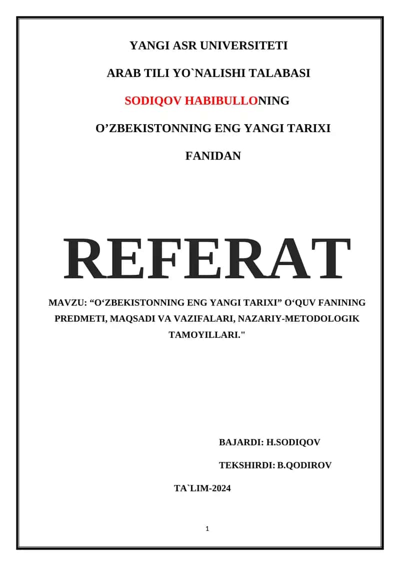 O‘ZBEKISTONNING ENG YANGI TARIXI FANIDAN REFERAT 1