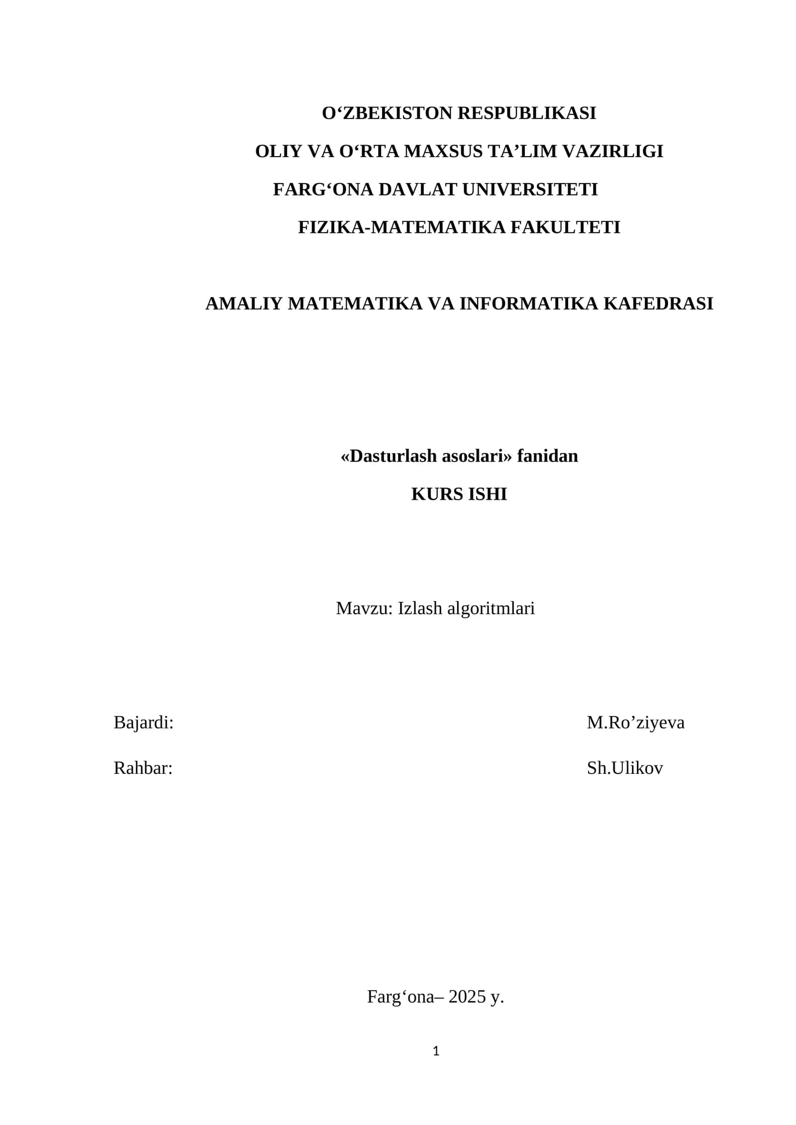Izlash algoritmlari. kurs ishi dasturlash 1