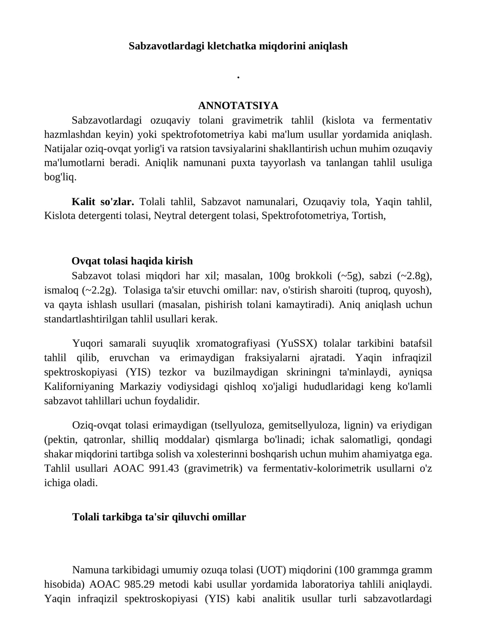 Sabzavotlardagi kletchatka miqdorini aniqlash 1