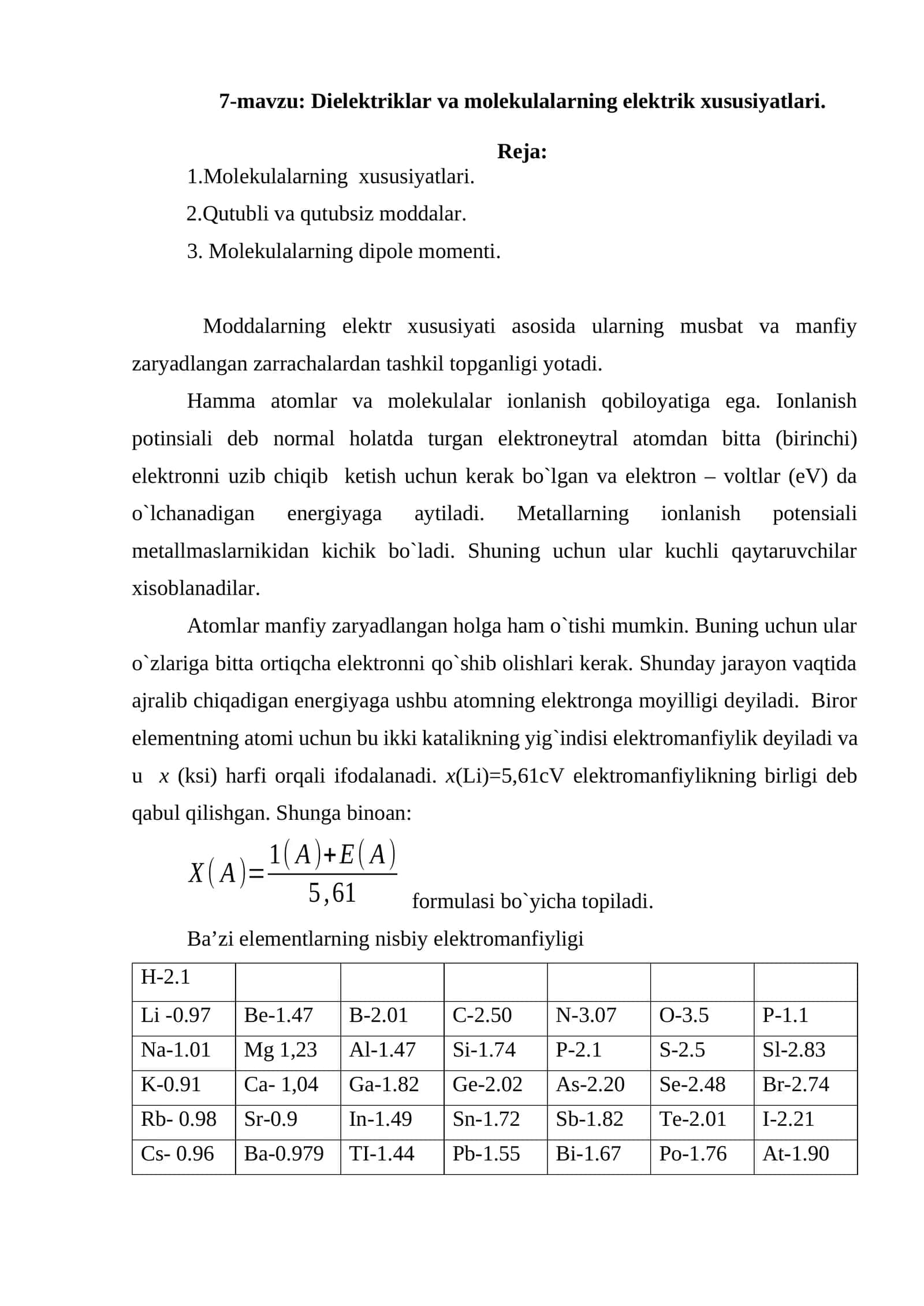 Dielektriklar va molekulalarning elektrik xususiyatlari 1