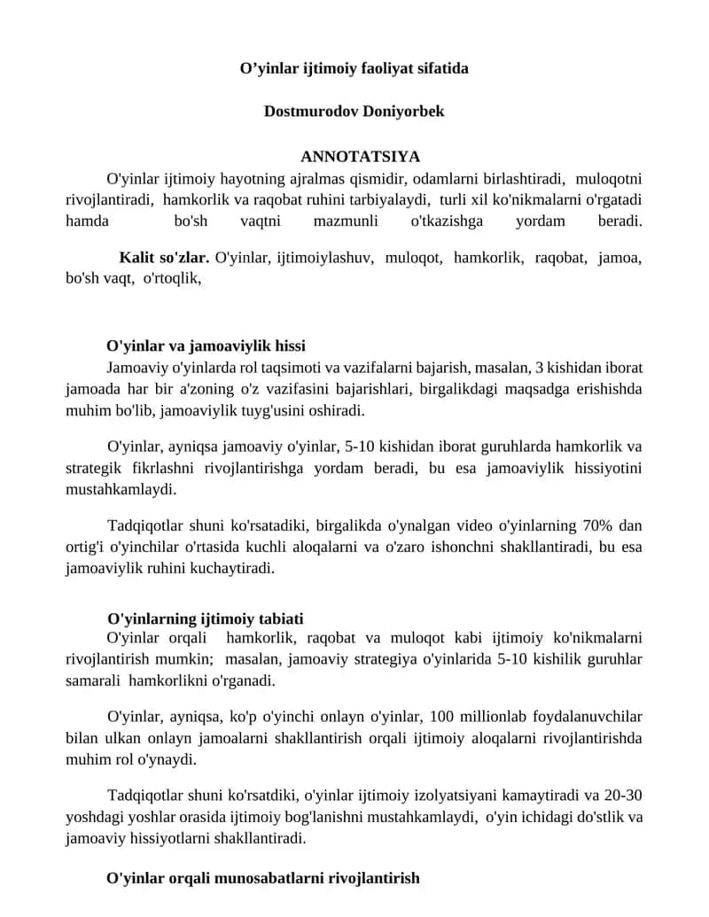 O'yinlar ijtimoiy faoliyat sifatida 1