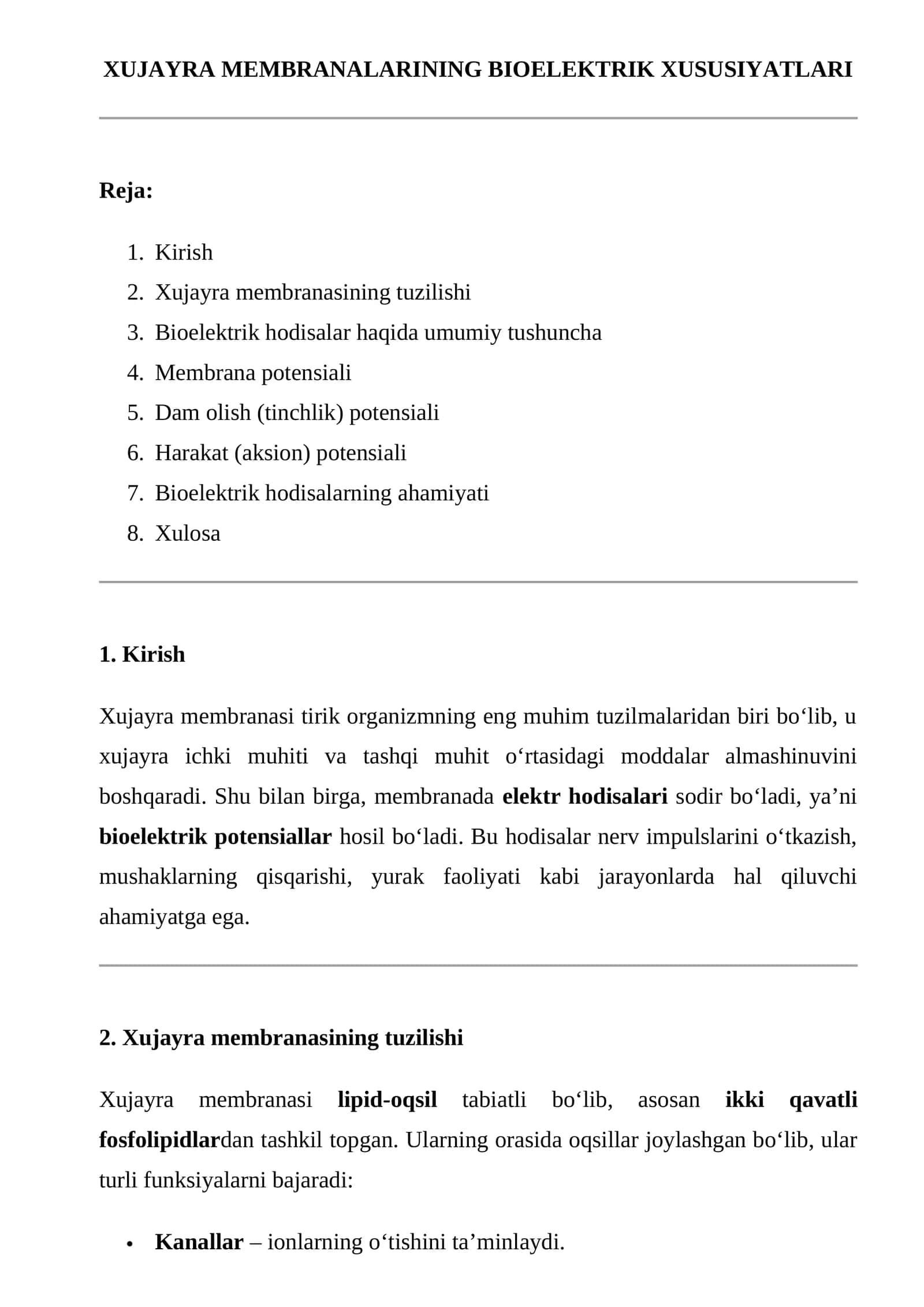 XUJAYRA MEMBRANALARINING BIOELEKTRIK XUSUSIYATLARI 1