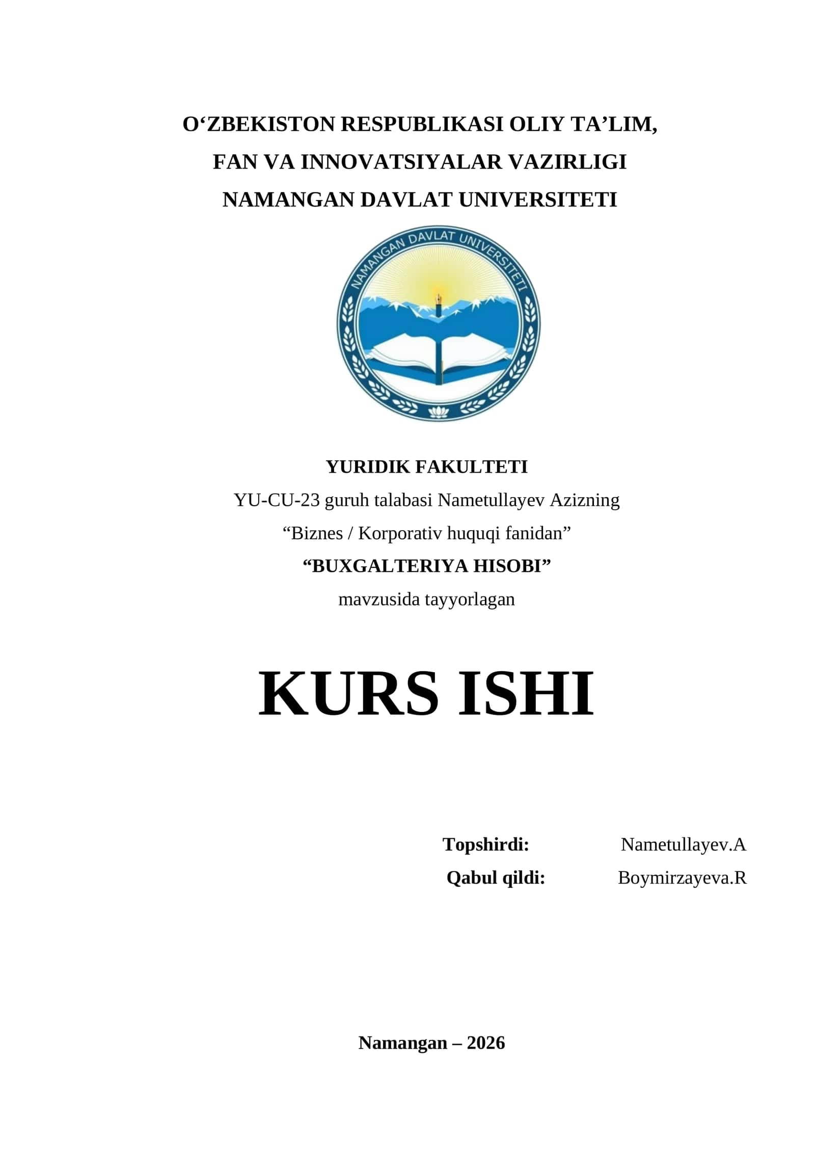 BUXGALTERIYA HISOBI kurs ishi 1