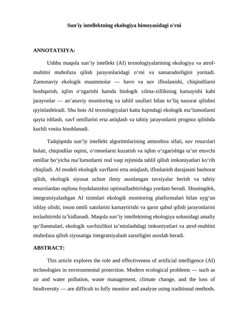 Sun'iy intellektning ekologiya himoyasidagi o'rni 1