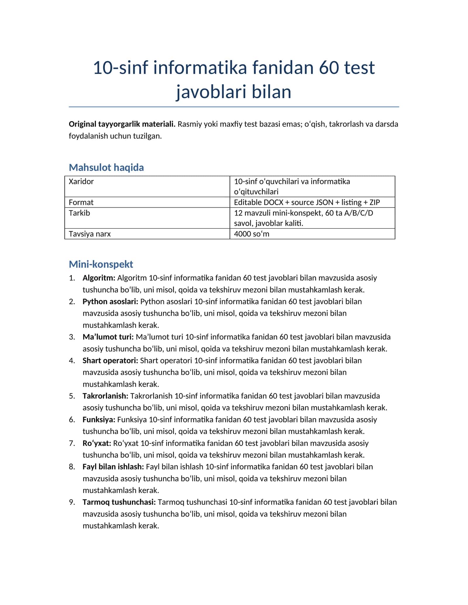 10-sinf informatika fanidan 60 test javoblari bilan 1